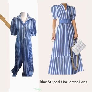Women’s puff sleeve dress Striped Maxi Dress White and Blue belt not included